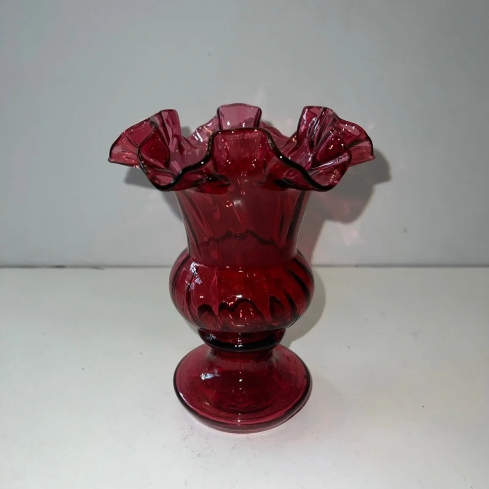 Vintage Fenton Cranberry Pink Ruffled Footed Vase